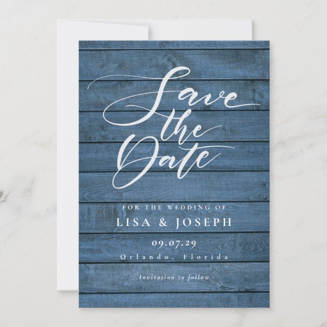 Save The Date Mariage de script rustique en bois bleu (Devant)