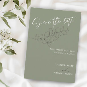 Save The Date Mariage de script vert minimaliste feuille dessiné