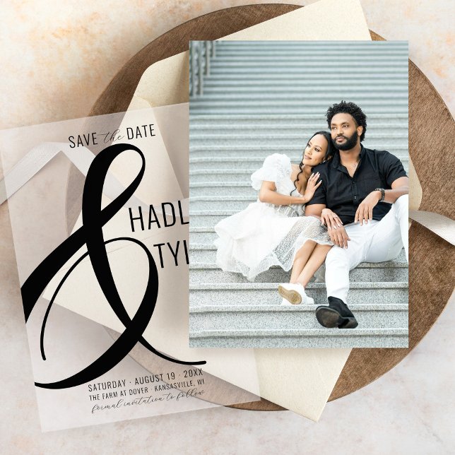 Save The Date Mariage de sous-couche photo NOIR simple et modern (Simple photo underlay card for modern bold black ampersand vellum overlay wedding save the date)