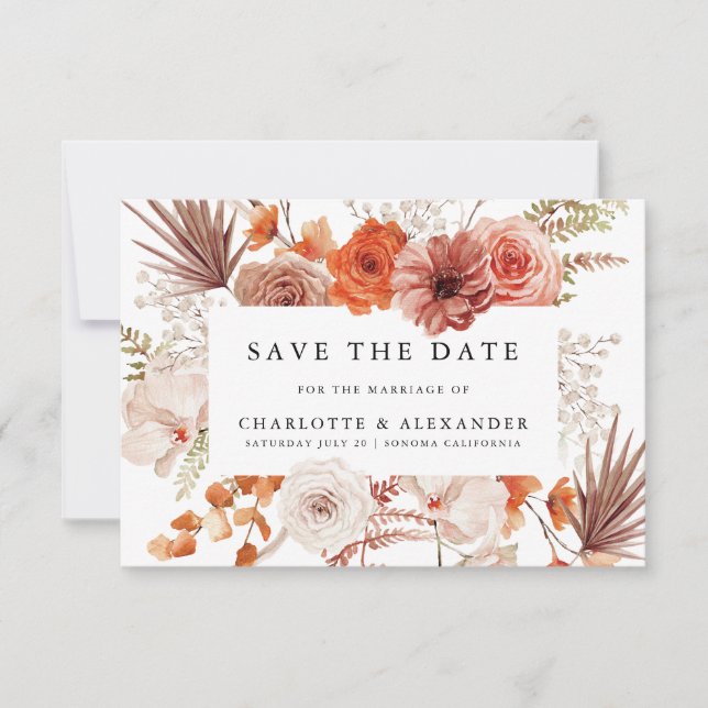 Save The Date Mariage de Terracotta Orange Rouille Fleur Palmett (Devant)