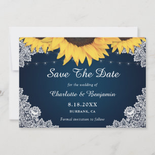 Save The Date Mariage de Tournesol Bleu de la Marine Rustique En