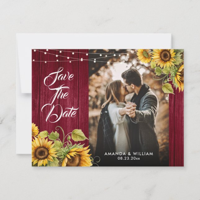 Save The Date Mariage de tournesol en bois rouge de Bourgogne Ph (Devant)