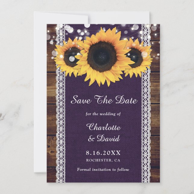 Save The Date Mariage de tournesol violet rustique en bois (Devant)