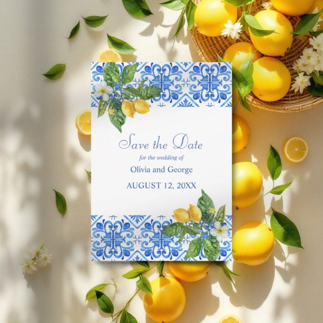 Save The Date Mariage de tuiles et citrons bleu méditerranéen (Créateur téléchargé)