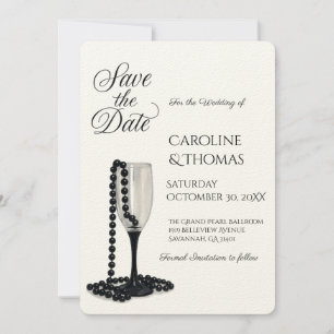 Save The Date Mariage de verre de champagne Black & White Pearl