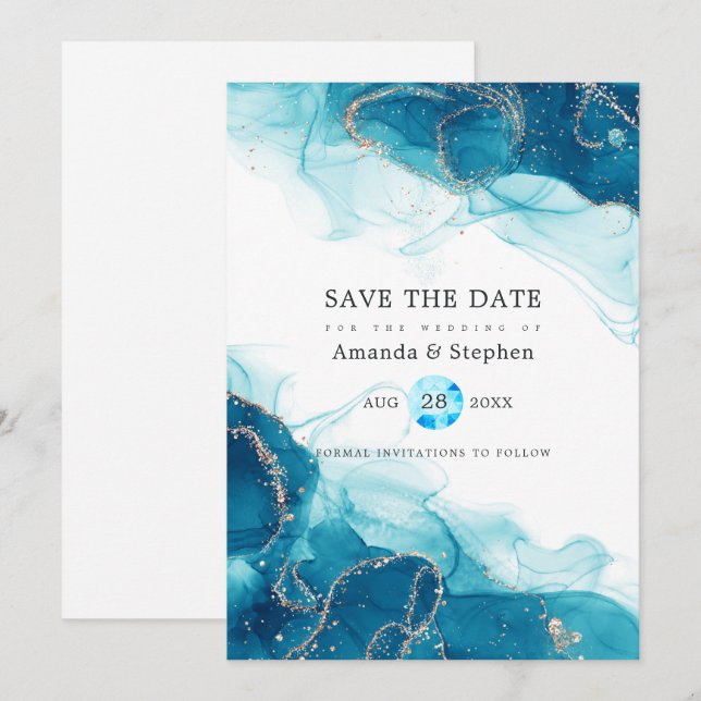 Save The Date Mariage d'encre d'alcool turquoise et or (Devant / Derrière)