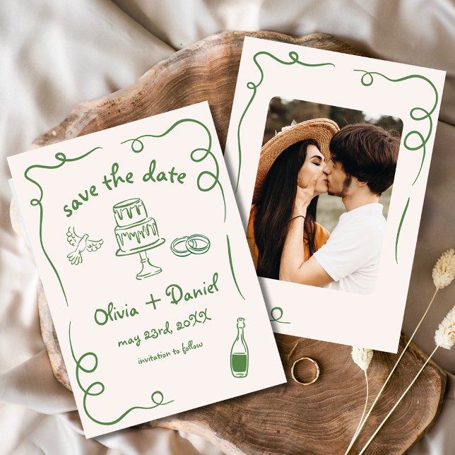 Save The Date Mariage Dessin à la Main Fantaisie Photo Vert (Créateur téléchargé)