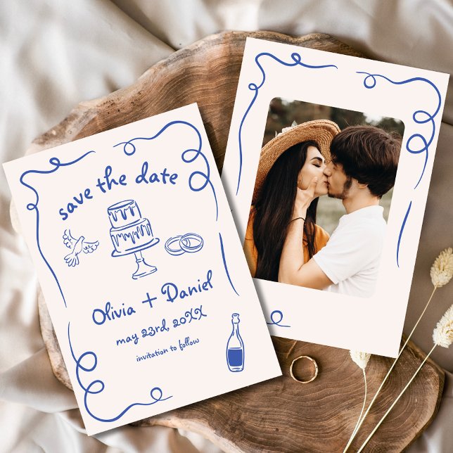 Save The Date Mariage Dessin à la Main Fantaisiste Photo Bleu Ma (Créateur téléchargé)