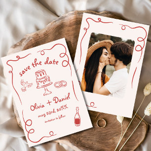Save The Date Mariage Dessin à la Main Fantaisiste Photo Rouge