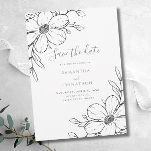 Save The Date Mariage Dessin de Ligne Florale Noir Blanc