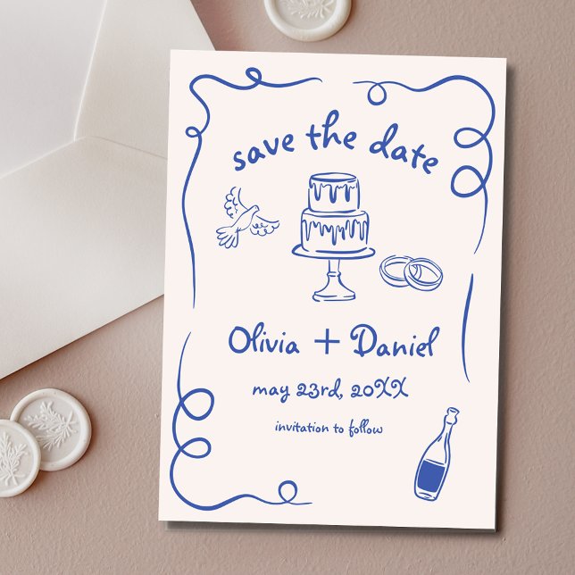Save The Date Mariage Dessiné à la Main Fantaisiste Bleu Marine  (Créateur téléchargé)