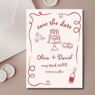 Save The Date Mariage Dessiné à la Main Fantaisiste Rouge