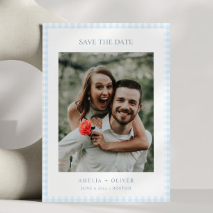 Save The Date Mariage d'été mignon à carreaux Gingham bleu clair