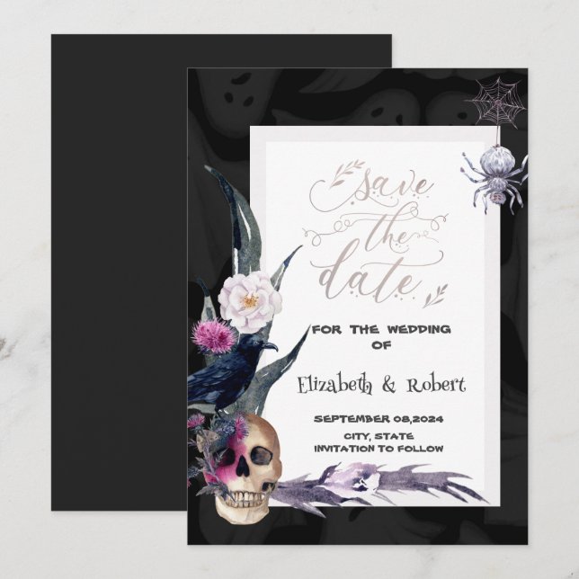 Save The Date Mariage d'Halloween crâne floral (Devant / Derrière)