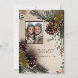 Save The Date Mariage d'hiver Cônes de pin Aiguilles de pin