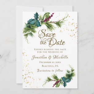 Save The Date Mariage d'hiver Evergreen Rouge Baies de Noël