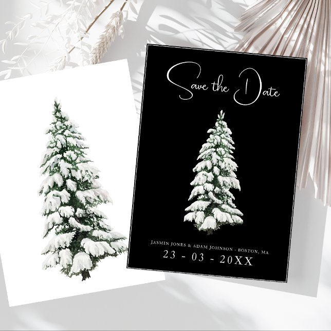 Save The Date Mariage d'hiver Noir et Blanc SnowTree (Winter Black and White Snowy Pine Tree Wedding Save The Date)