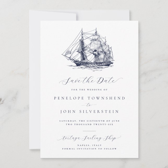 Save The Date Mariage d'illustration de navire nautique minimal  (Devant)