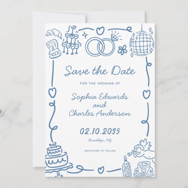 Save The Date Mariage d'illustrations Jouer Whimsical Main tiré (Devant)