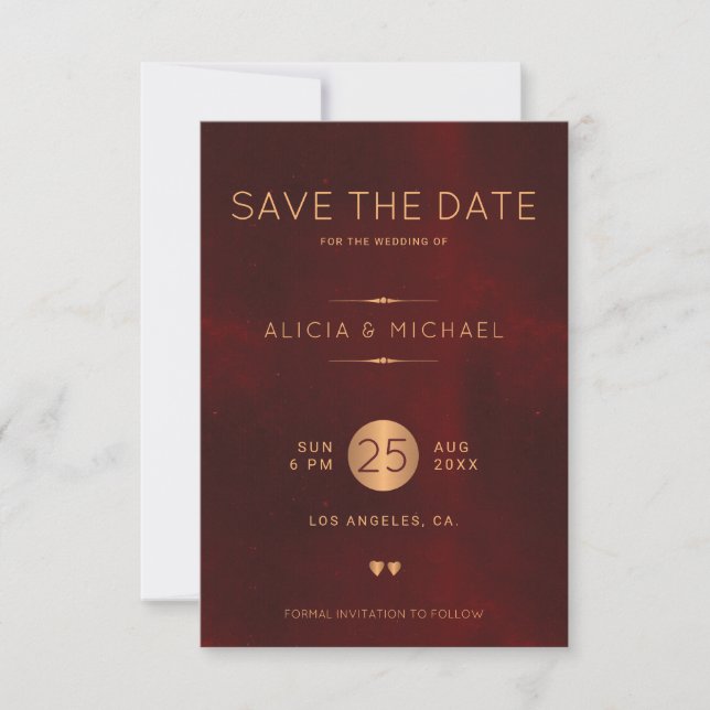 Save The Date Mariage d'or bordeaux élégant et élégant (Devant)