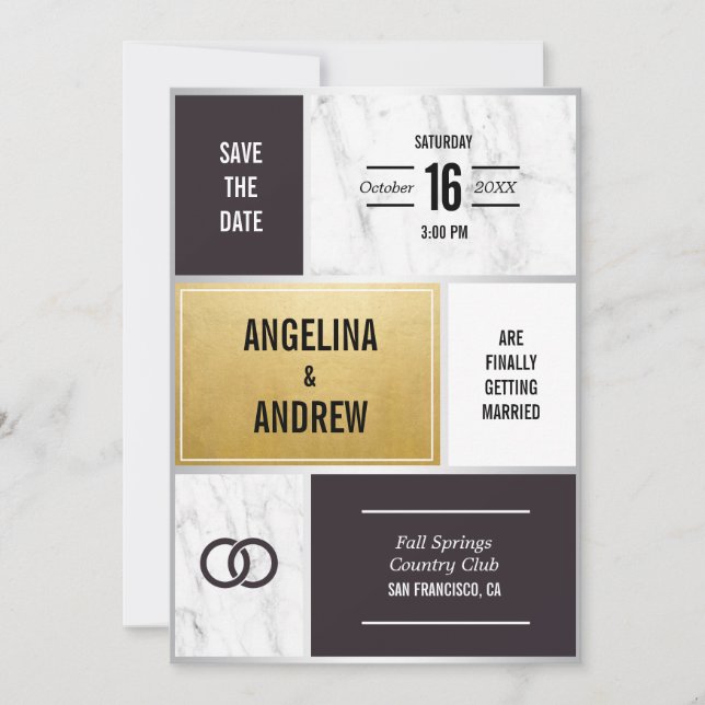 Save The Date Mariage d'or en marbre noir blanc moderne (Devant)