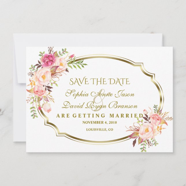 Save The Date Mariage d'or floral rose romantique (Devant)