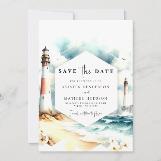 Save The Date Mariage du phare Chic Boho Waves (Devant)