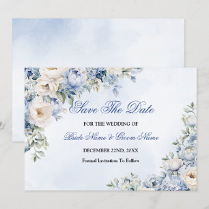 Save The Date Mariage Dusty Blue Watercolor Fleurs d'ivoire Feui
