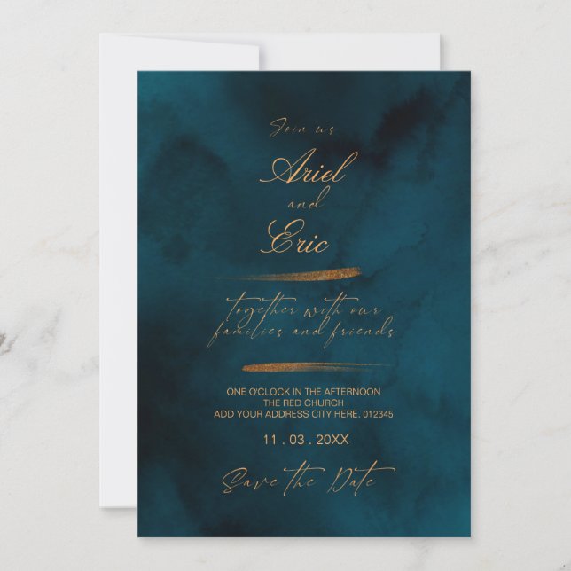 Save The Date Mariage élégant à l'Eucalyptus Floral Navy & Gold (Devant)