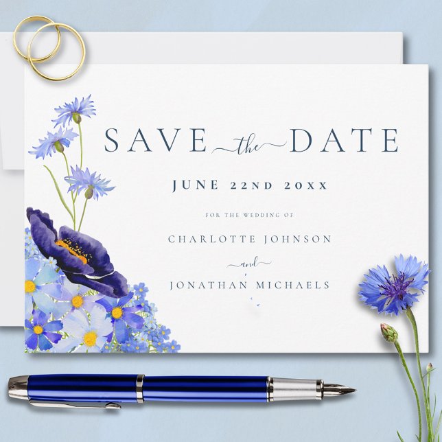 Save The Date Mariage Élégant aux Fleurs Sauvages (Elegant wildflower blue wedding save the date invitation )