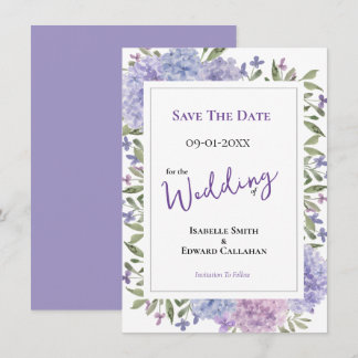 Save The Date Mariage Élégant aux Hortensias Lilas et Bleu Pouss