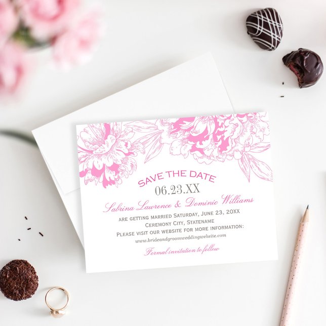 Save The Date Mariage élégant aux pivoines florales roses et gri (Créateur téléchargé)