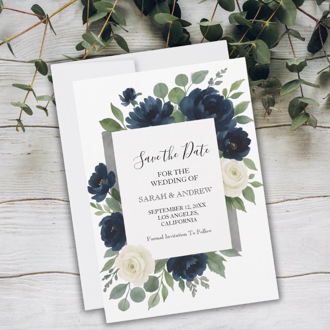 Save The Date Mariage élégant avec du bleu marine et des fleurs  (Elegant Navy Blue & Ivory Floral Wedding Save The Date)