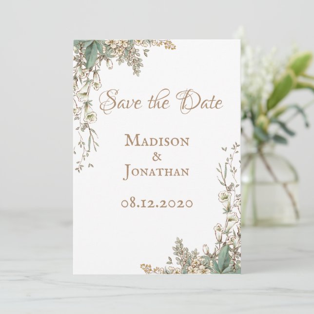 Save The Date Mariage élégant avec écriture florale verdoyante (Debout devant)