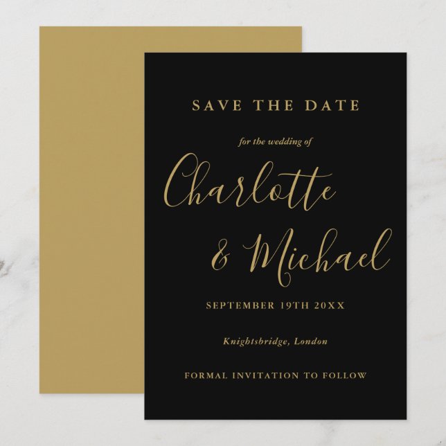 Save The Date Mariage élégant avec écriture noire et dorée (Devant / Derrière)