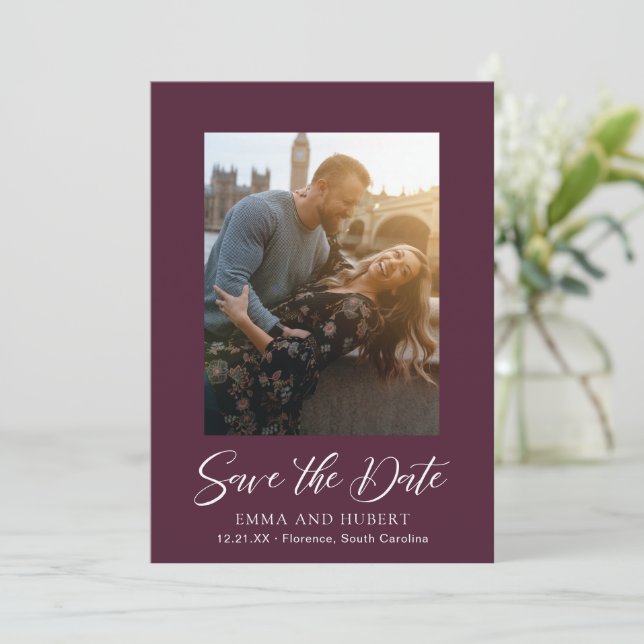 Save The Date Mariage élégant avec photo violet classique (Debout devant)