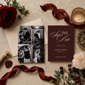 Save The Date Mariage Élégant en Bourgogne Crème Stand Photo Cla