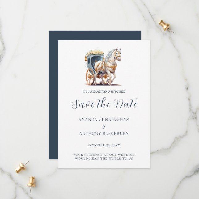 Save The Date Mariage élégant en calèche tirée par des chevaux (Devant/Arrière en situation)