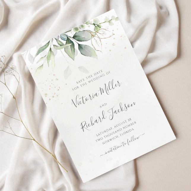 Save The Date Mariage élégant feuilles d'or de verdure d'eucalyp (Créateur téléchargé)