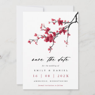 Save The Date Mariage Élégant Fleur de Cerisier Rouge Aquarelle