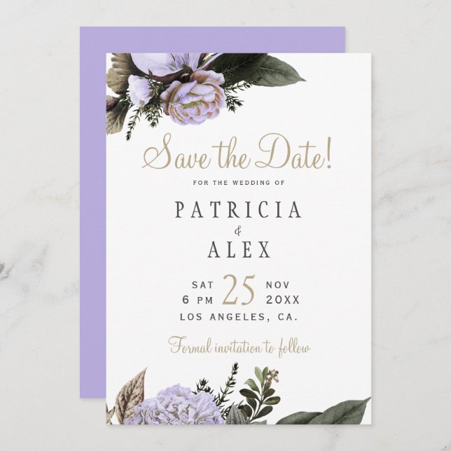 Save The Date Mariage élégant fleuri violet pastel enregistrer l (Devant / Derrière)