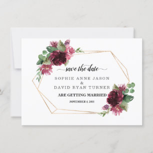 Save The Date Mariage Élégant Fleurs Bourgogne Cadre Doré