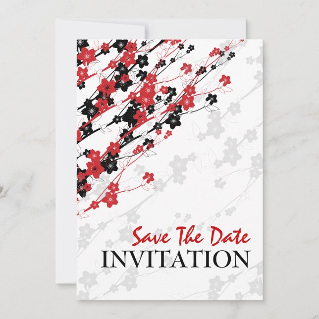Save The Date Mariage élégant Fleurs japonaises Rouge (Devant)