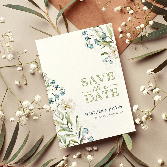 Save The Date Mariage élégant, fleurs vertes et blanches (Créateur téléchargé)