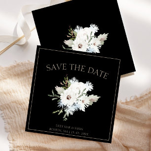 Save The Date Mariage Élégant Floral Blanc Hiver Noir