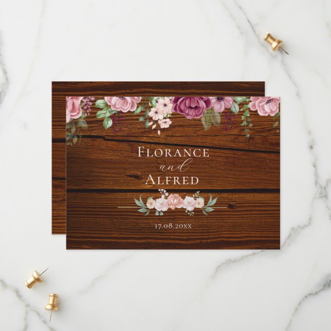 Save The Date Mariage élégant floral en bois rustique blanc bord (Devant/Arrière en situation)