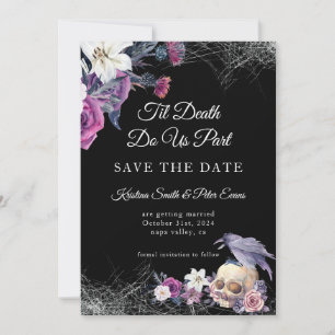 Save The Date Mariage élégant gothique floral noir violet crâne