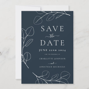 Save The Date Mariage élégant minimaliste feuilles bleu marine