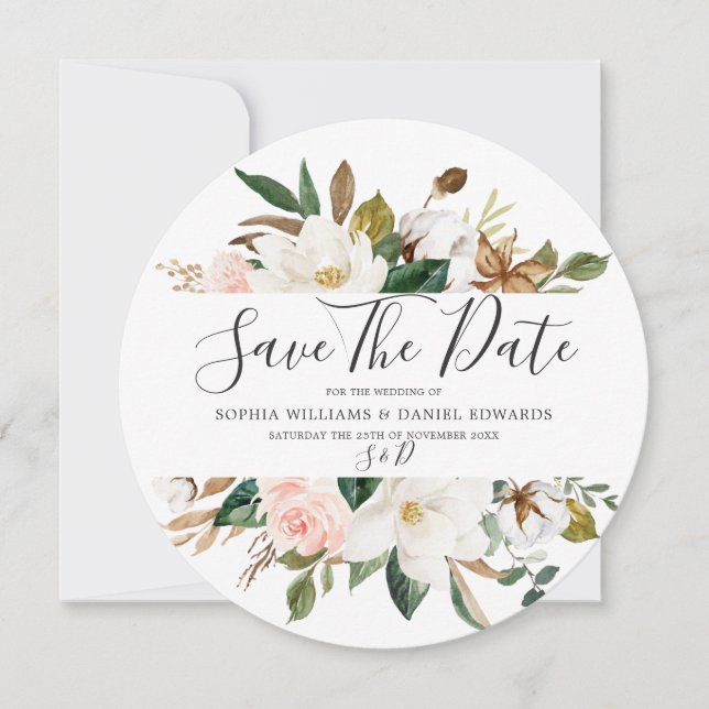 Save The Date Mariage Élégant Moderne Fleurs Blanches et Rouges (Devant)