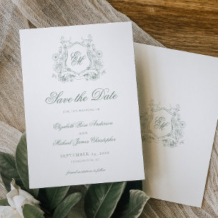 Save The Date Mariage Élégant Monogramme à Crête Florale Vert Sa